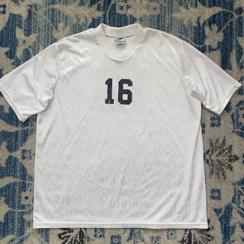 Vintage Dynamic Team Sports Soccer Jersey USA Made Shiny V Neck #16 White EUC